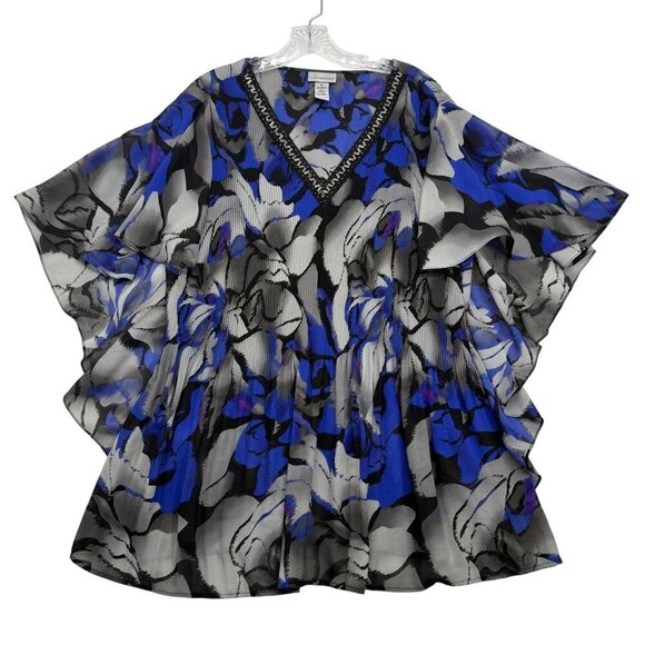 Catherines Flutter Sleeve Tunic Top Bold Floral Beaded Neck Flowy Size 1X 18-20W - Picture 1 of 10